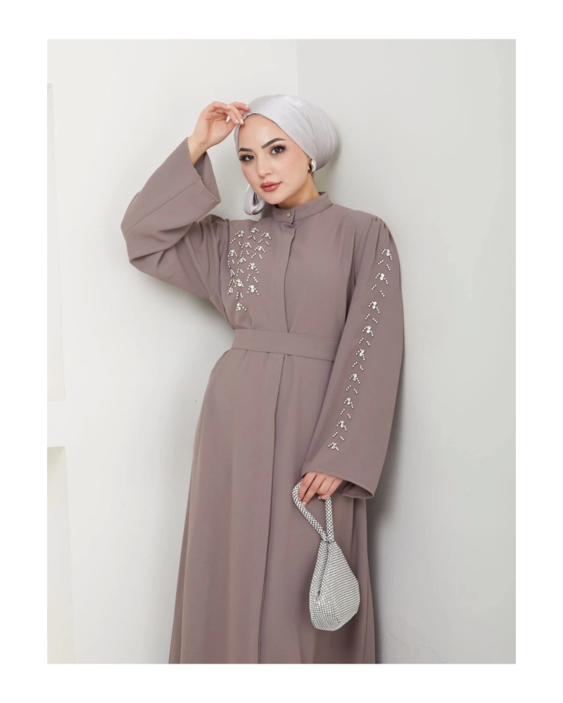 TAŞLİ ABAYA TESETTÜR GIYIM KADIN FERACE ELBISE VİZON