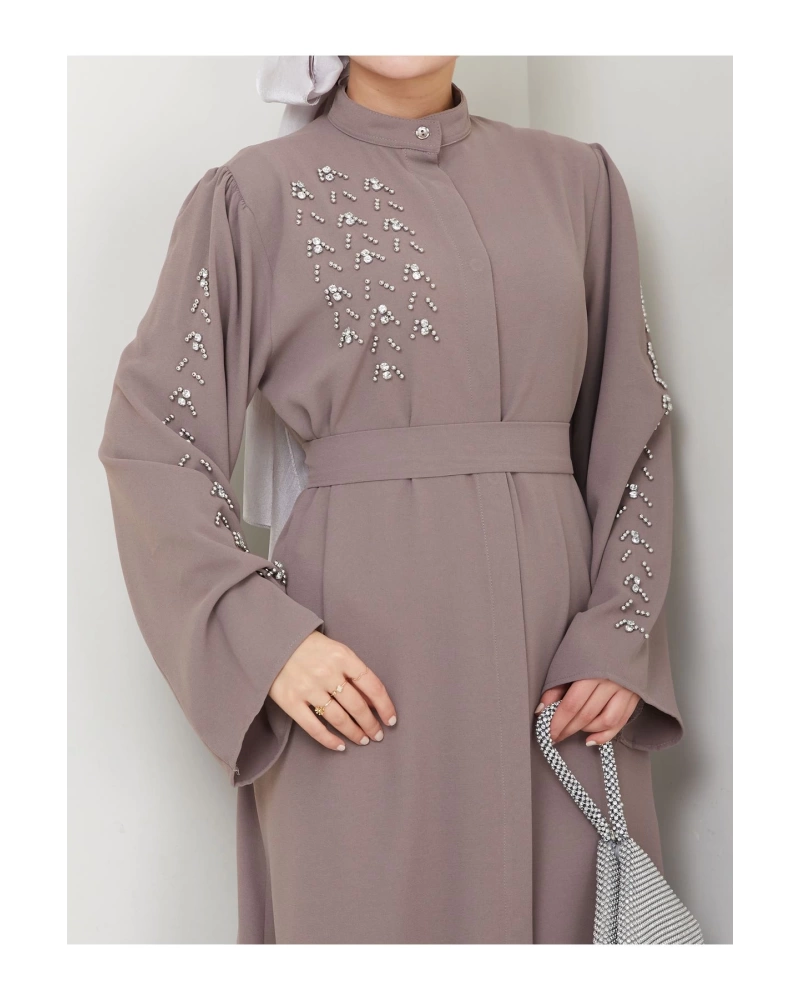 TAŞLİ ABAYA TESETTÜR GIYIM KADIN FERACE ELBISE VİZON