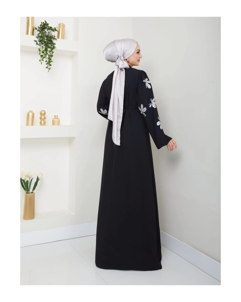 KELEBEK BASKI ABAYA TESETTÜR GIYIM KADIN FERACE ELBISE SİYAH