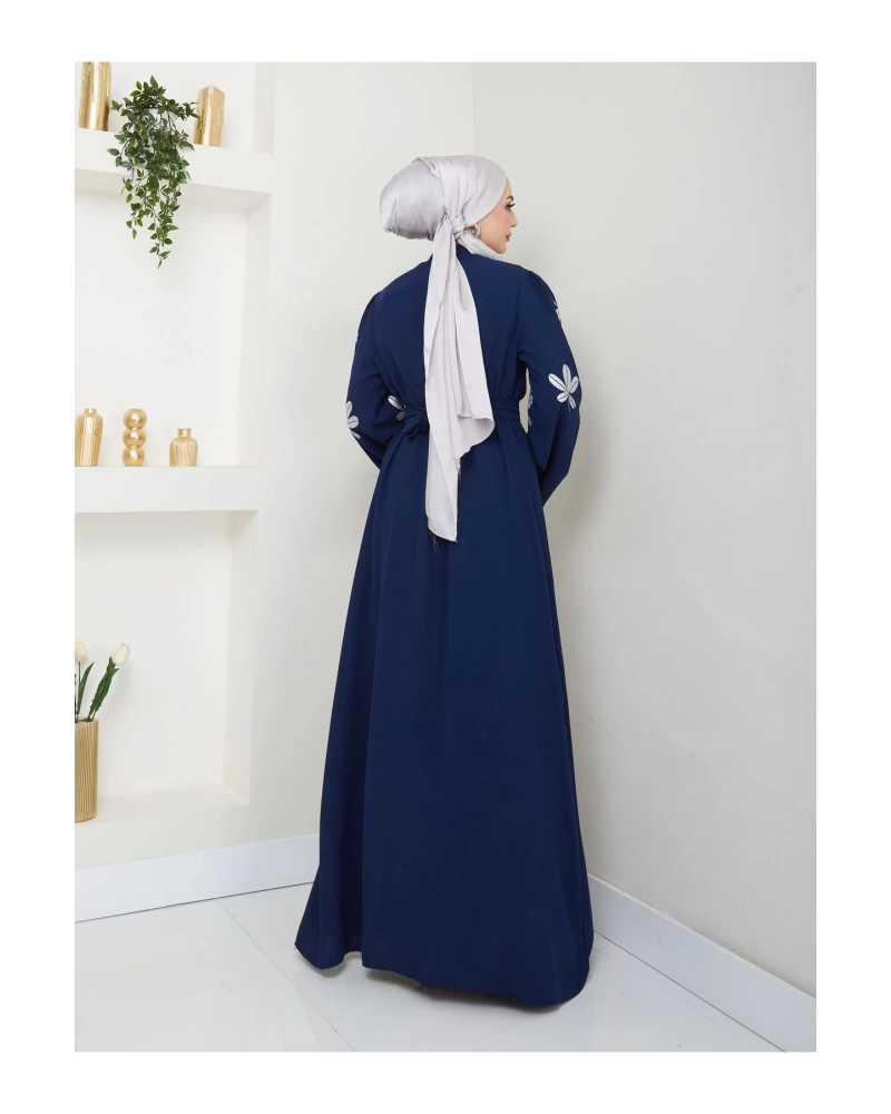 KELEBEK BASKI ABAYA TESETTÜR GIYIM KADIN FERACE ELBISE LACİVERT