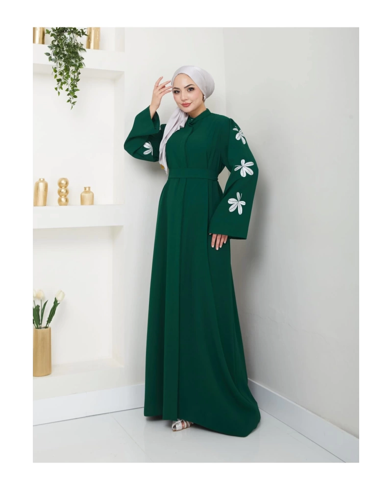 KELEBEK BASKI ABAYA TESETTÜR KADIN FERACE ELBISE ZÜMRÜT