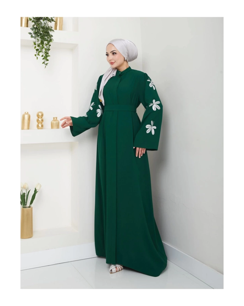KELEBEK BASKI ABAYA TESETTÜR KADIN FERACE ELBISE ZÜMRÜT