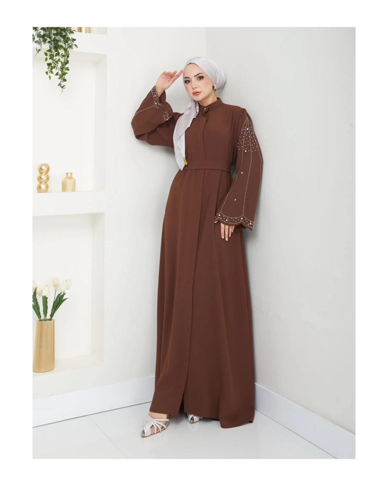 TAŞLİ ABAYA TESETTÜR GIYIM KADIN FERACE ELBISE KAHVE