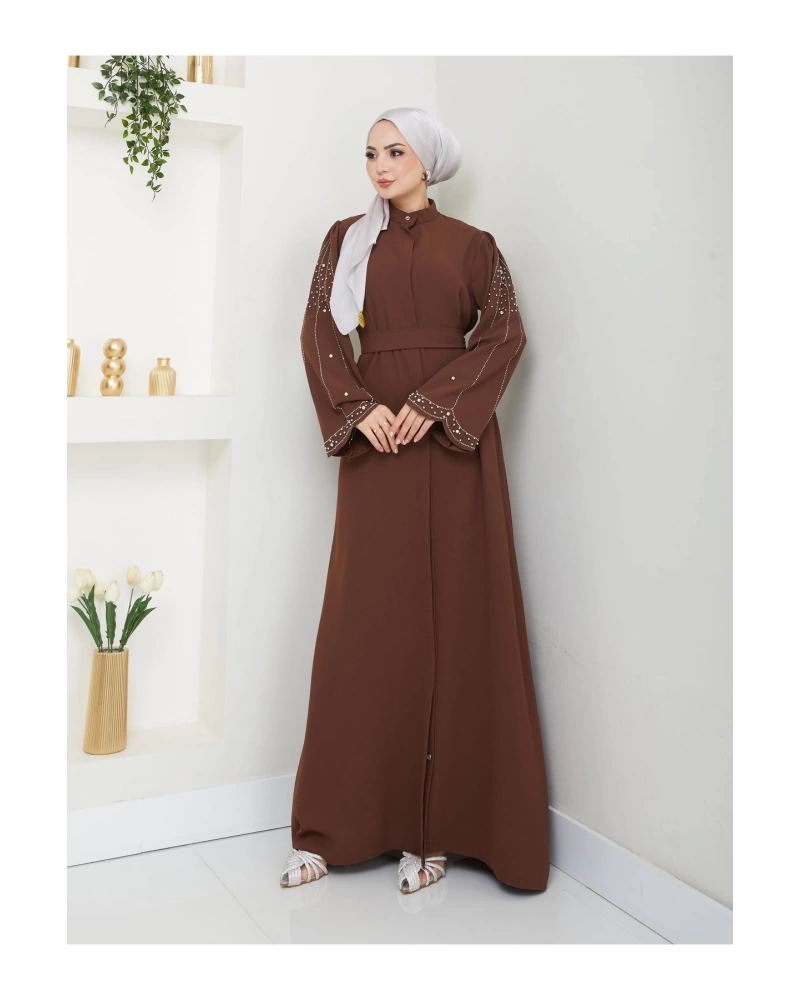 TAŞLİ ABAYA TESETTÜR GIYIM KADIN FERACE ELBISE KAHVE