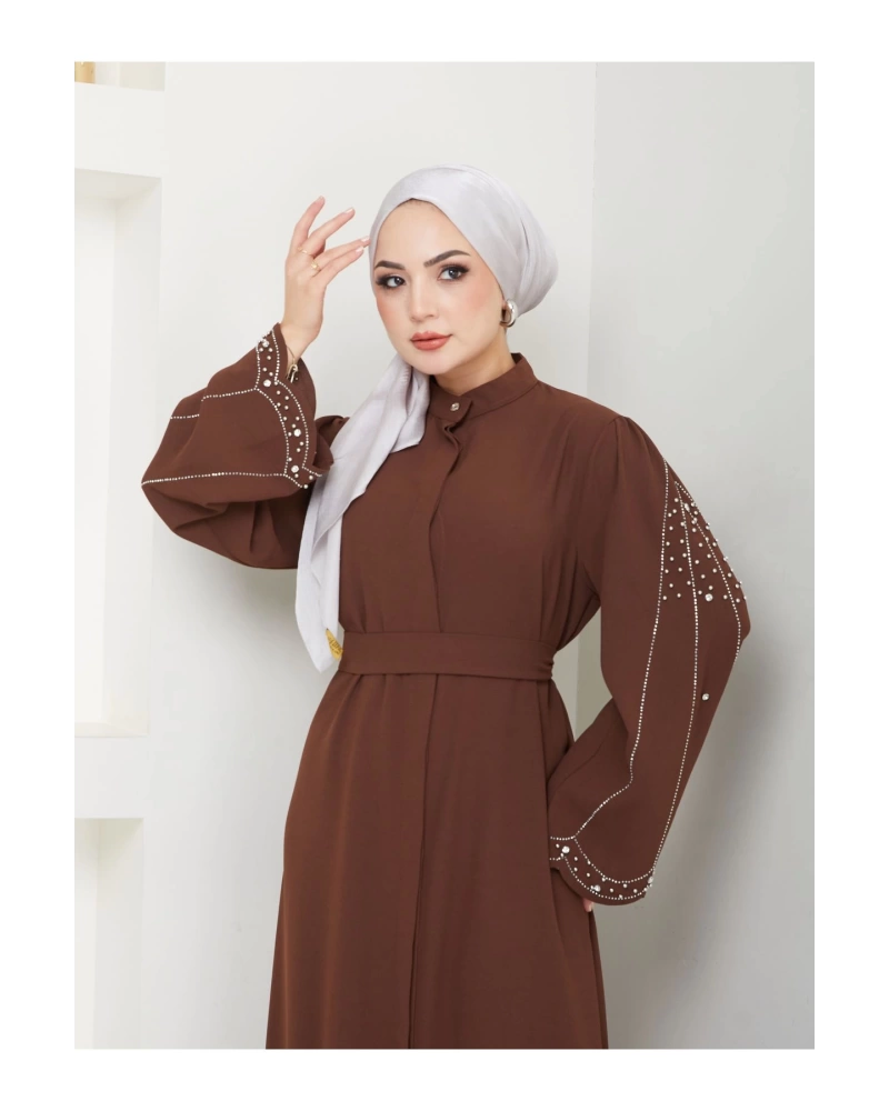 TAŞLİ ABAYA TESETTÜR GIYIM KADIN FERACE ELBISE KAHVE