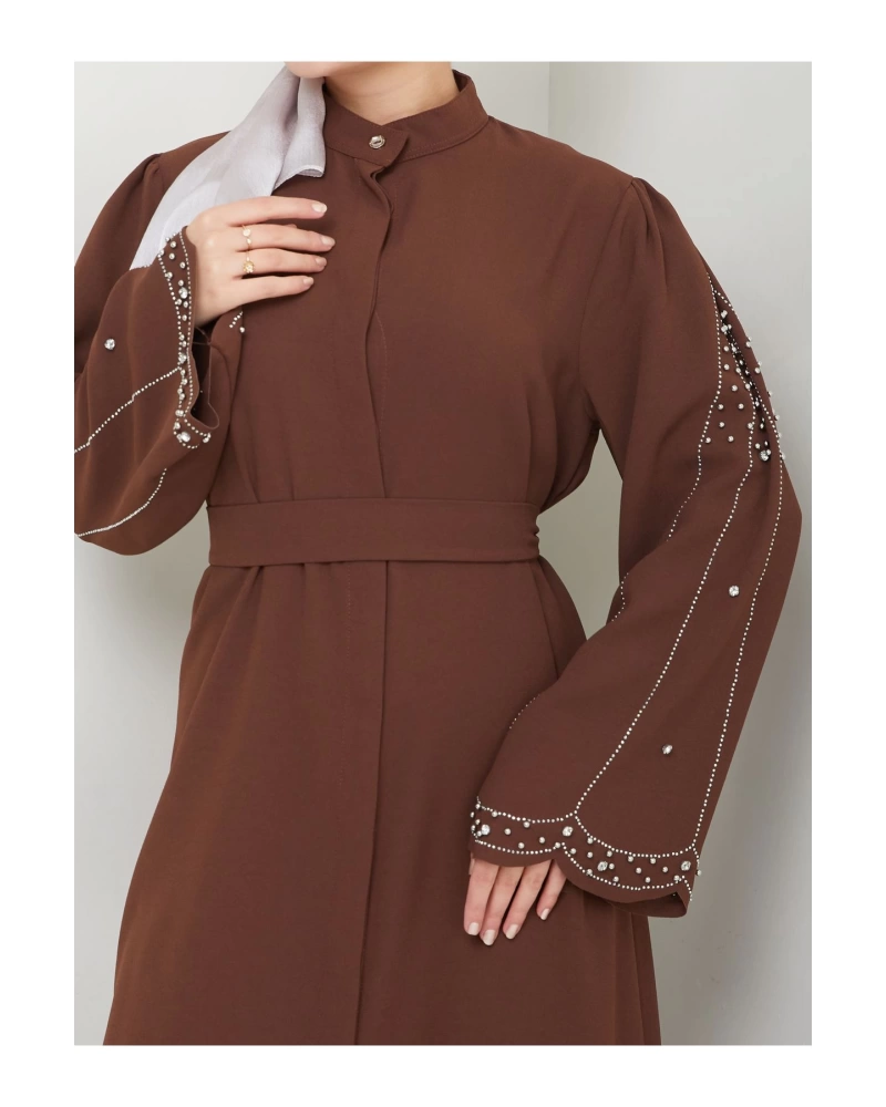 TAŞLİ ABAYA TESETTÜR GIYIM KADIN FERACE ELBISE KAHVE