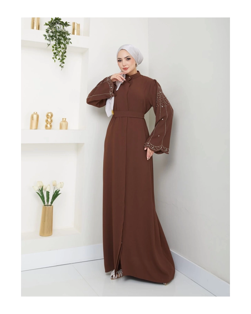 TAŞLİ ABAYA TESETTÜR GIYIM KADIN FERACE ELBISE KAHVE