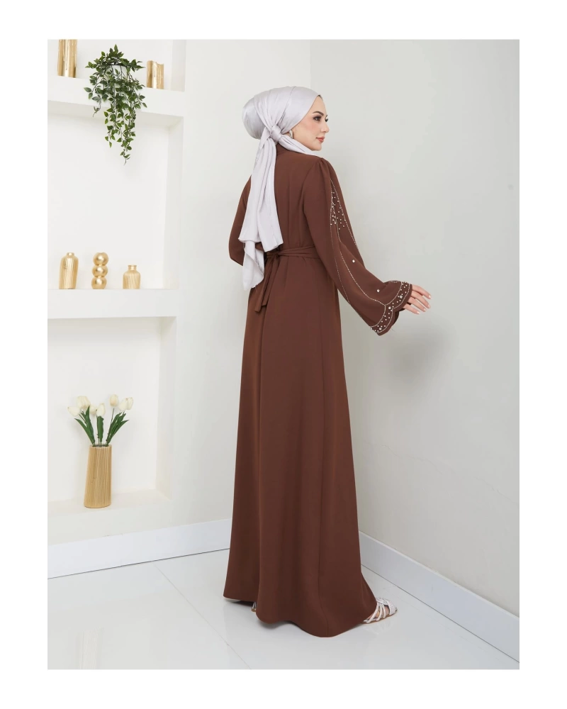 TAŞLİ ABAYA TESETTÜR GIYIM KADIN FERACE ELBISE KAHVE