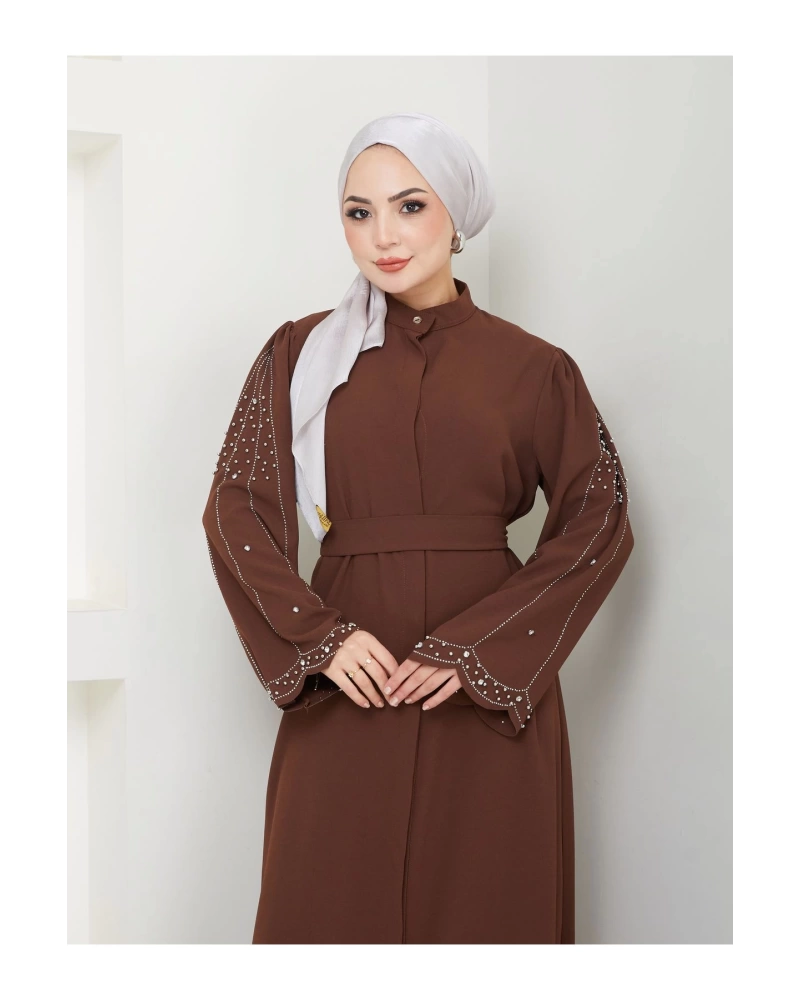 TAŞLİ ABAYA TESETTÜR GIYIM KADIN FERACE ELBISE KAHVE