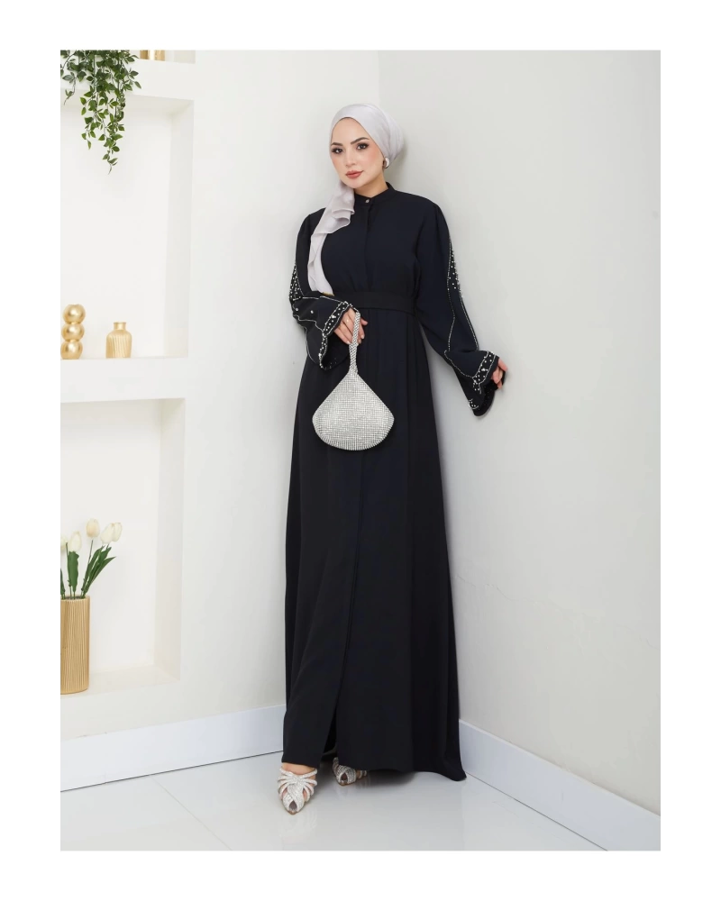 TAŞLİ ABAYA TESETTÜR GIYIM KADIN FERACE ELBISE SİYAH
