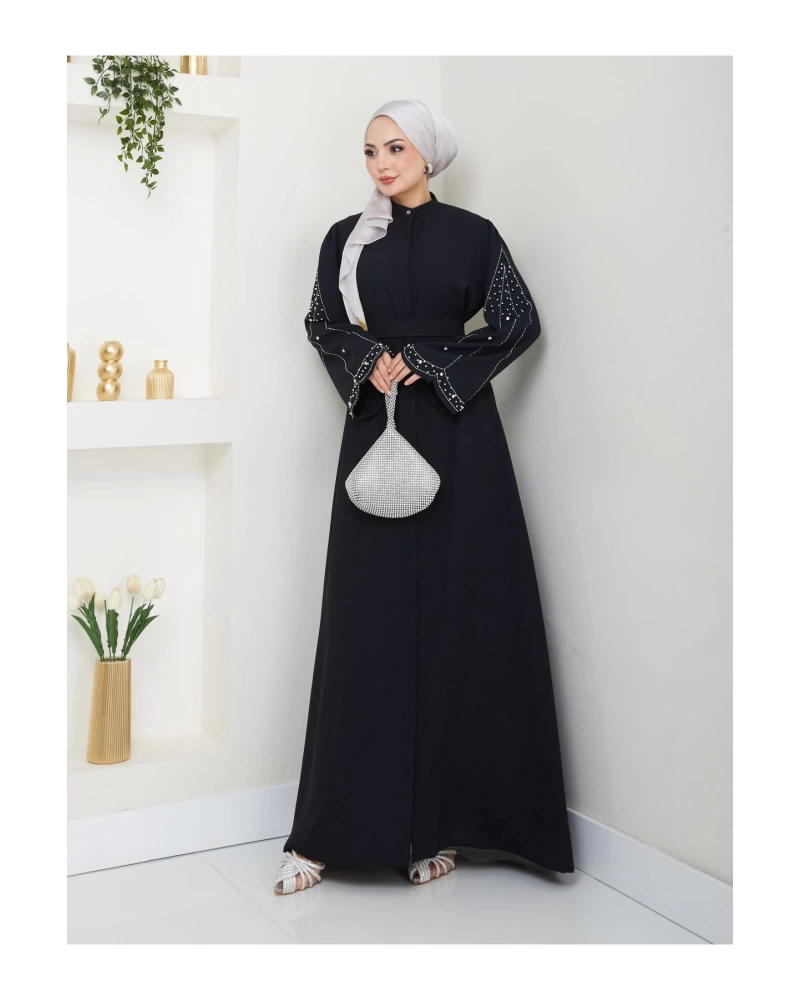 TAŞLİ ABAYA TESETTÜR GIYIM KADIN FERACE ELBISE SİYAH