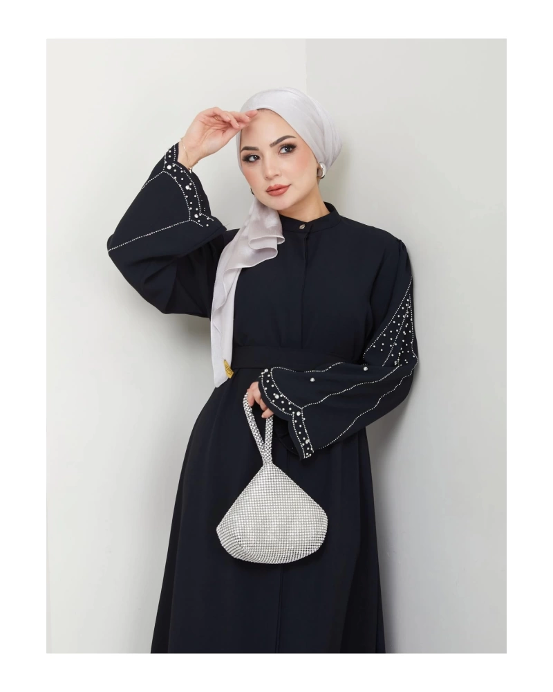 TAŞLİ ABAYA TESETTÜR GIYIM KADIN FERACE ELBISE SİYAH