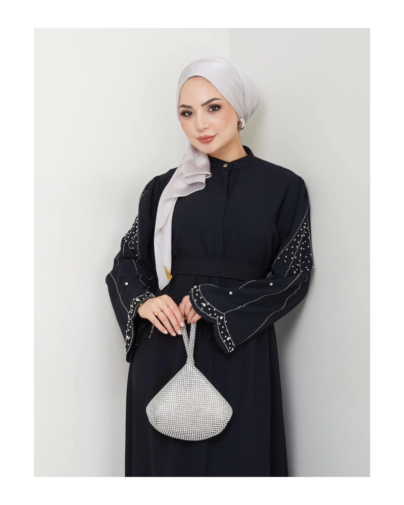 TAŞLİ ABAYA TESETTÜR GIYIM KADIN FERACE ELBISE SİYAH