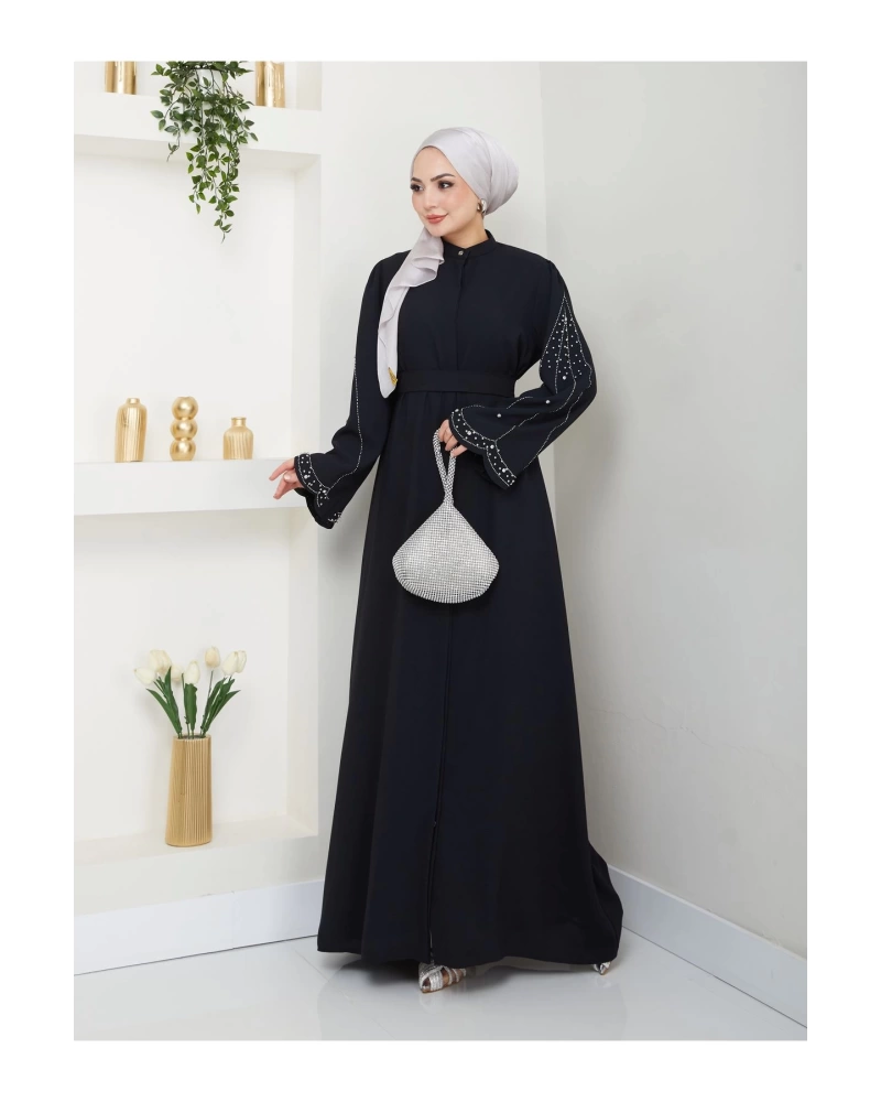 TAŞLİ ABAYA TESETTÜR GIYIM KADIN FERACE ELBISE SİYAH