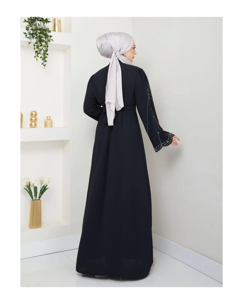 TAŞLİ ABAYA TESETTÜR GIYIM KADIN FERACE ELBISE SİYAH