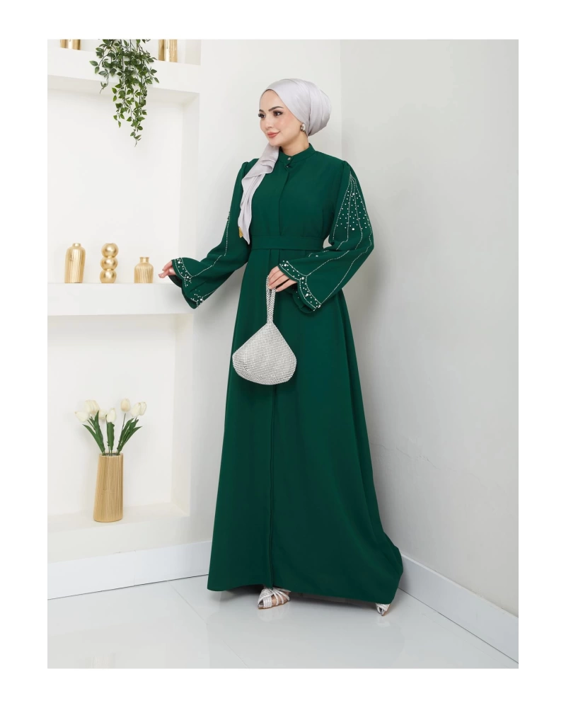 TAŞLİ ABAYA TESETTÜR GIYIM KADIN FERACE ELBISE ZÜMRÜT