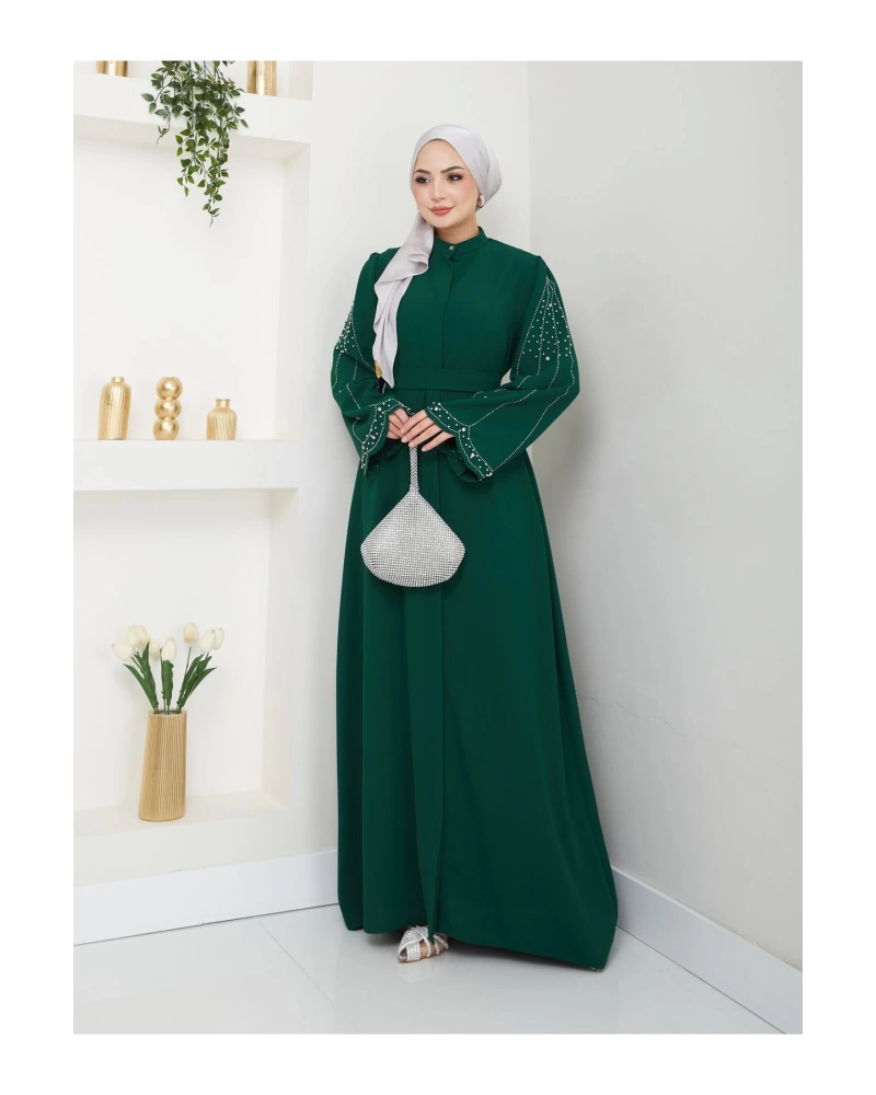 TAŞLİ ABAYA TESETTÜR GIYIM KADIN FERACE ELBISE ZÜMRÜT