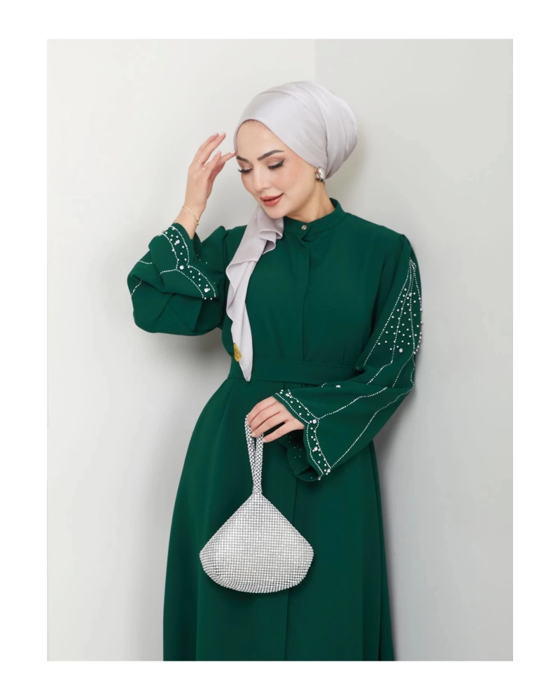 TAŞLİ ABAYA TESETTÜR GIYIM KADIN FERACE ELBISE ZÜMRÜT