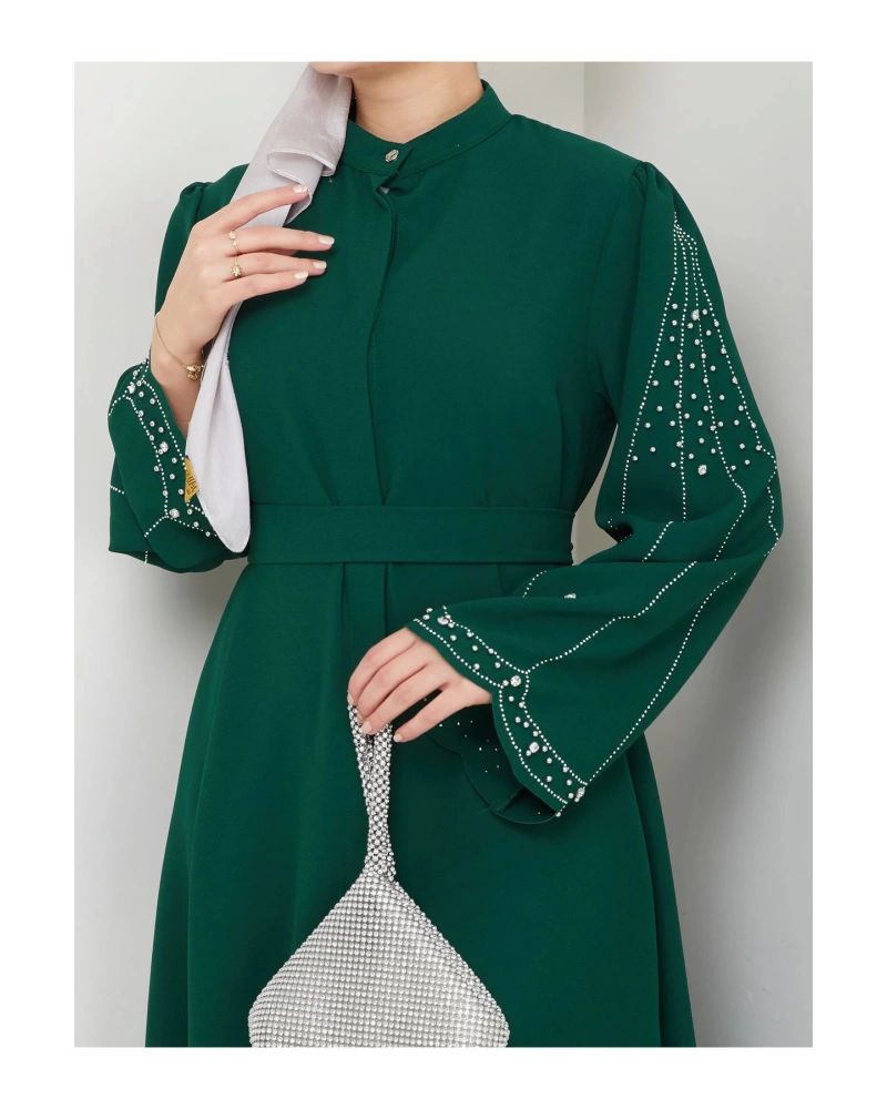 TAŞLİ ABAYA TESETTÜR GIYIM KADIN FERACE ELBISE ZÜMRÜT