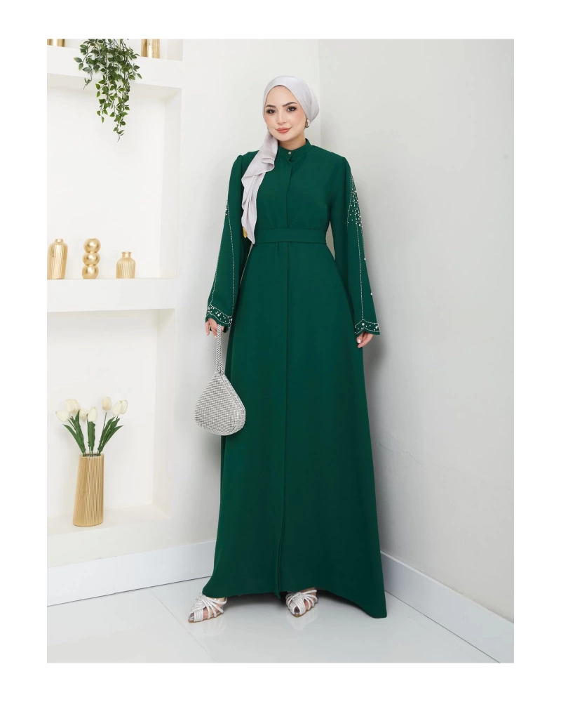 TAŞLİ ABAYA TESETTÜR GIYIM KADIN FERACE ELBISE ZÜMRÜT