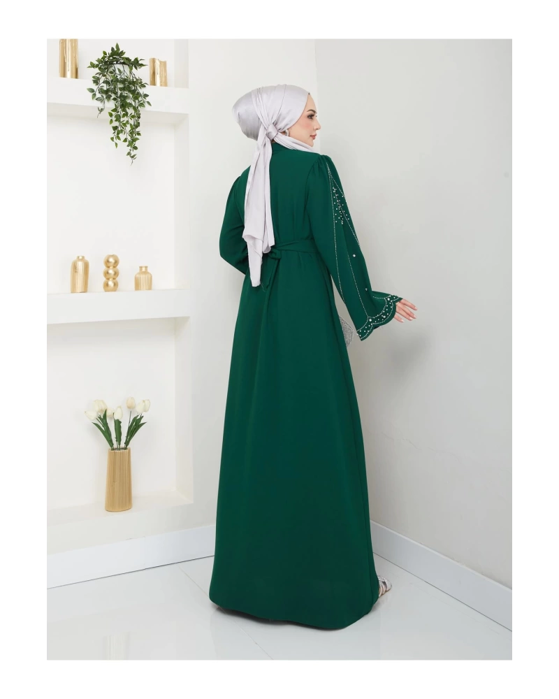 TAŞLİ ABAYA TESETTÜR GIYIM KADIN FERACE ELBISE ZÜMRÜT
