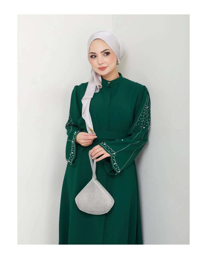 TAŞLİ ABAYA TESETTÜR GIYIM KADIN FERACE ELBISE ZÜMRÜT