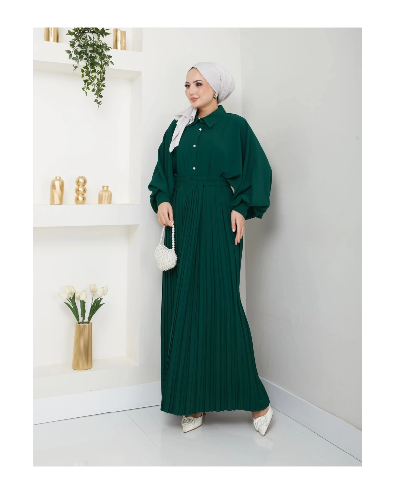 ETEĞİ PLİSELİ  GÖMLEKLI YAKA TESETTÜR TAKIM YEŞİL
