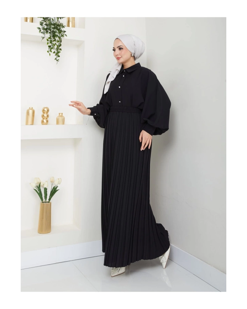 ETEĞİ PLİSELİ  GÖMLEKLI YAKA TESETTÜR TAKIM SİYAH