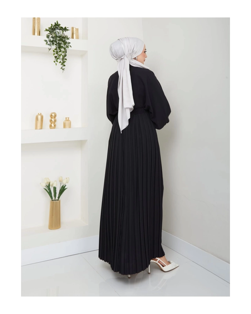 ETEĞİ PLİSELİ  GÖMLEKLI YAKA TESETTÜR TAKIM SİYAH