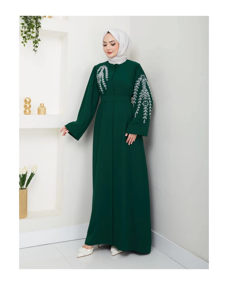 TAŞLİ ABAYA TESETTÜR GIYIM KADIN FERACE ELBISE ZÜMRÜT