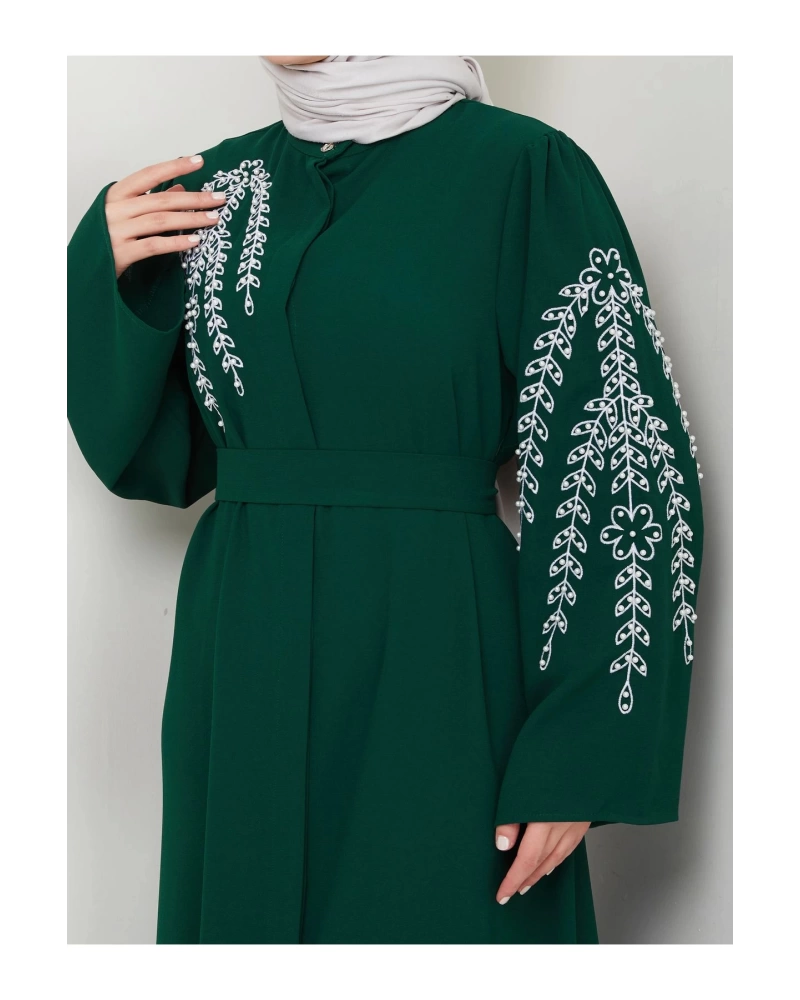 TAŞLİ ABAYA TESETTÜR GIYIM KADIN FERACE ELBISE ZÜMRÜT