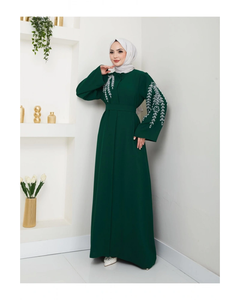 TAŞLİ ABAYA TESETTÜR GIYIM KADIN FERACE ELBISE ZÜMRÜT