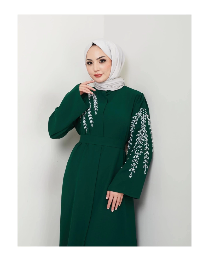 TAŞLİ ABAYA TESETTÜR GIYIM KADIN FERACE ELBISE ZÜMRÜT