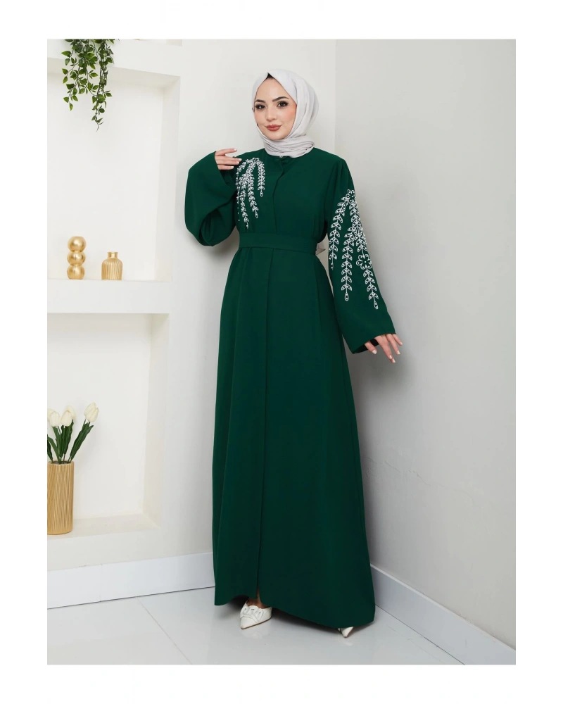 TAŞLİ ABAYA TESETTÜR GIYIM KADIN FERACE ELBISE ZÜMRÜT