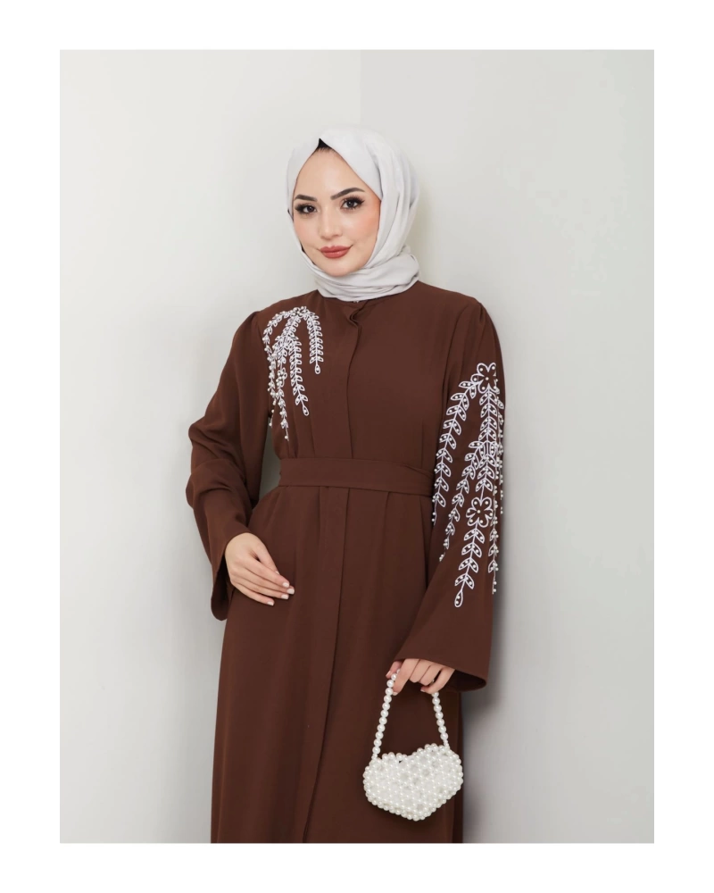 TAŞLİ ABAYA TESETTÜR GIYIM KADIN FERACE ELBISE KAHVE