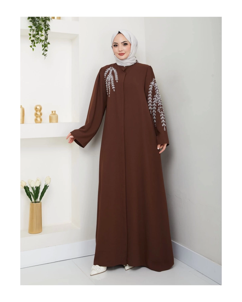 TAŞLİ ABAYA TESETTÜR GIYIM KADIN FERACE ELBISE KAHVE