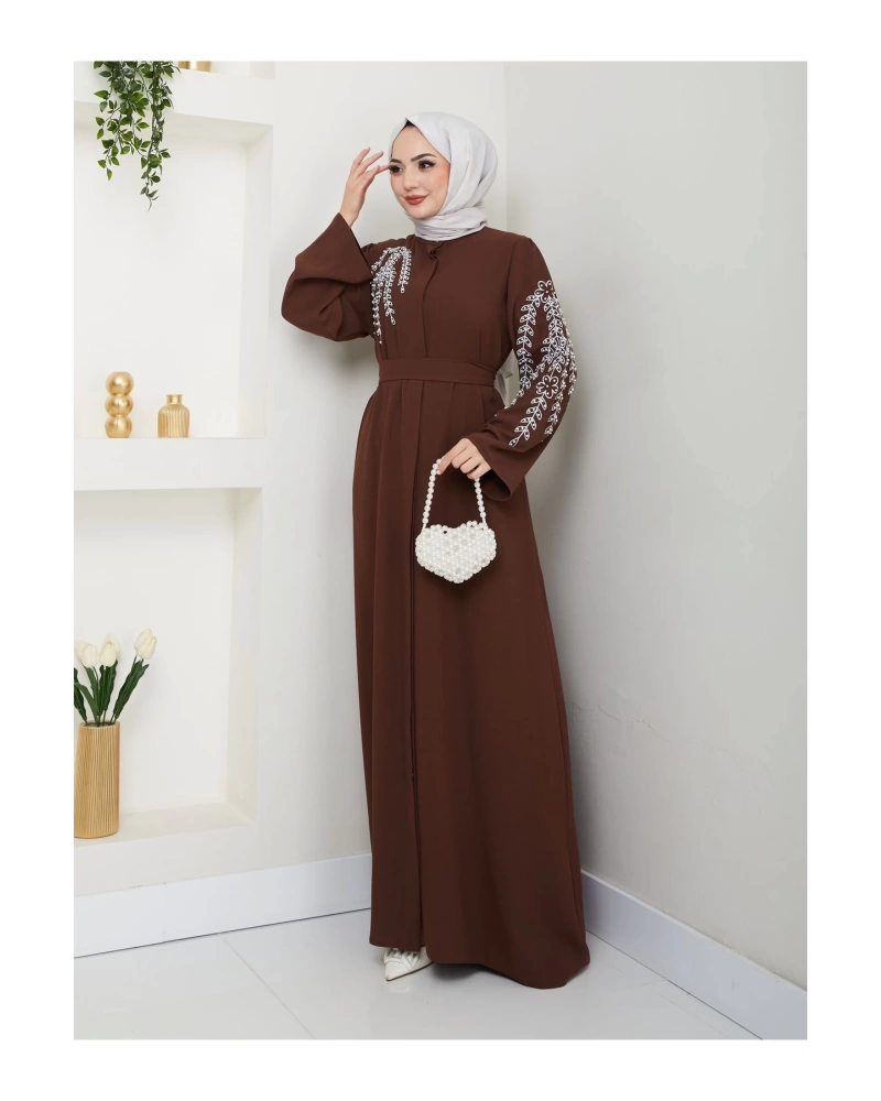 TAŞLİ ABAYA TESETTÜR GIYIM KADIN FERACE ELBISE KAHVE