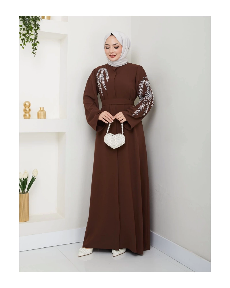 TAŞLİ ABAYA TESETTÜR GIYIM KADIN FERACE ELBISE KAHVE