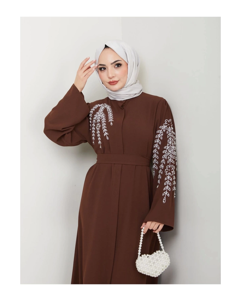 TAŞLİ ABAYA TESETTÜR GIYIM KADIN FERACE ELBISE KAHVE