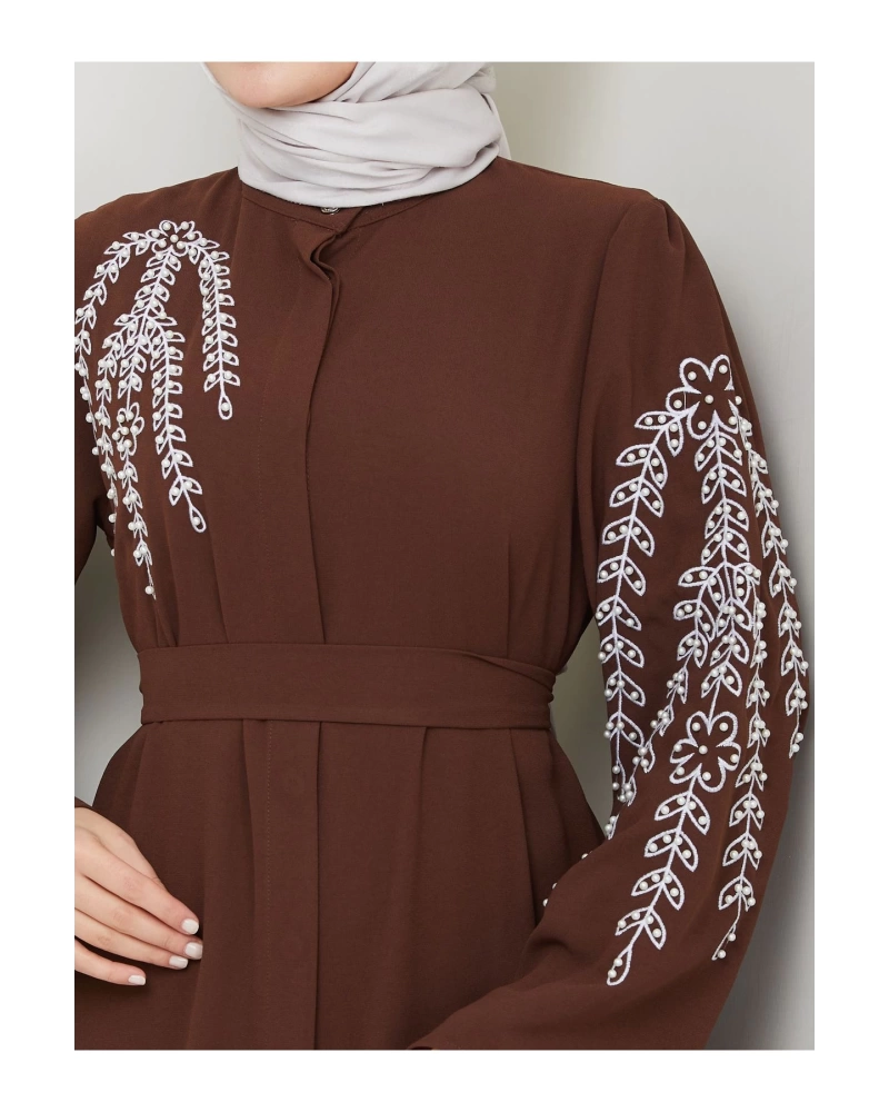 TAŞLİ ABAYA TESETTÜR GIYIM KADIN FERACE ELBISE KAHVE