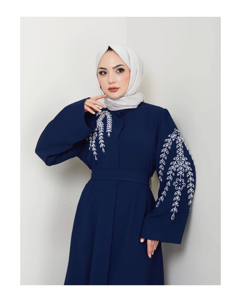 TAŞLİ ABAYA TESETTÜR GIYIM KADIN FERACE ELBISE LACIVERT