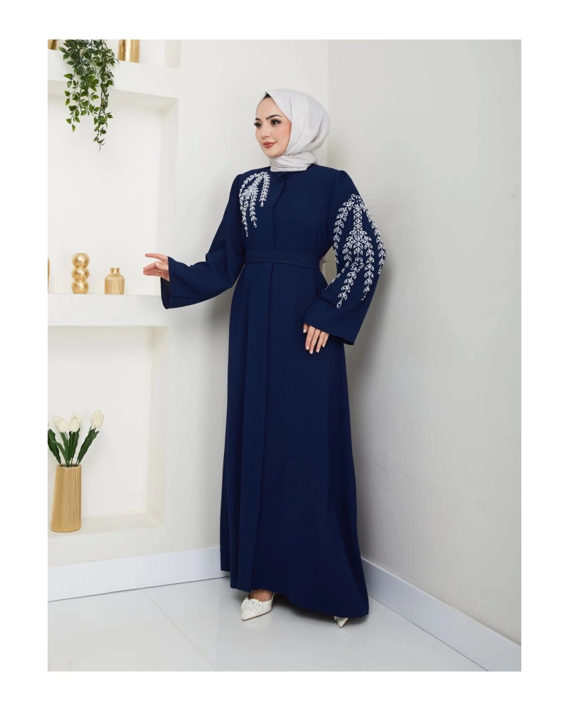TAŞLİ ABAYA TESETTÜR GIYIM KADIN FERACE ELBISE LACIVERT