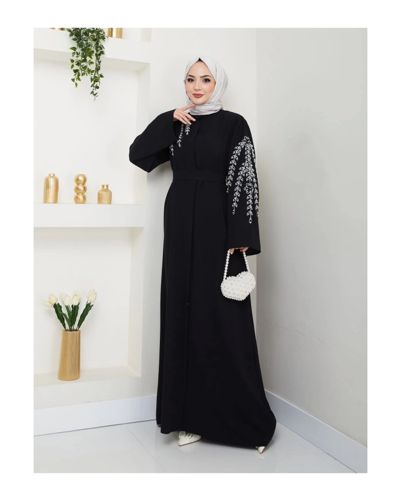 TAŞLİ ABAYA TESETTÜR GIYIM KADIN FERACE ELBISE SİYAH