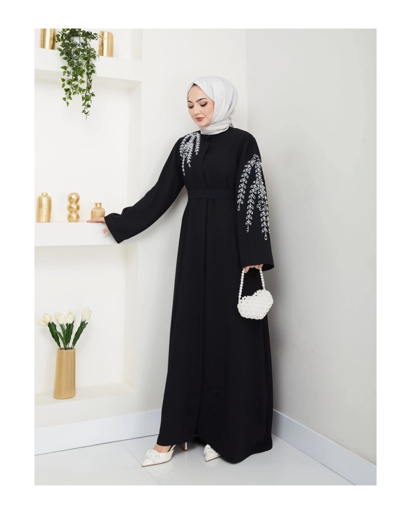 TAŞLİ ABAYA TESETTÜR GIYIM KADIN FERACE ELBISE SİYAH
