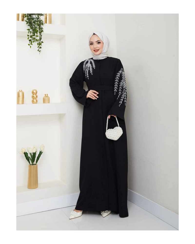 TAŞLİ ABAYA TESETTÜR GIYIM KADIN FERACE ELBISE SİYAH