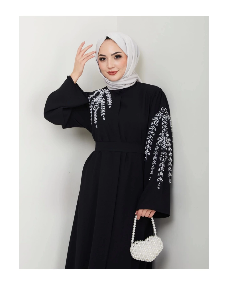 TAŞLİ ABAYA TESETTÜR GIYIM KADIN FERACE ELBISE SİYAH