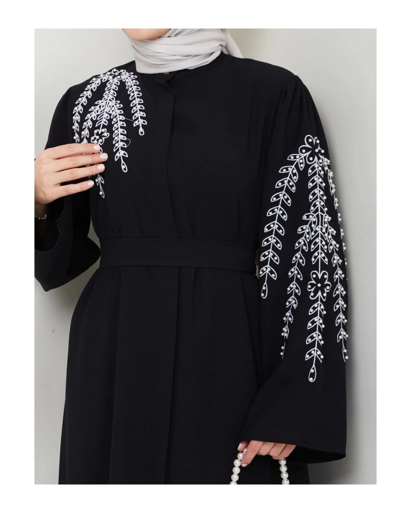 TAŞLİ ABAYA TESETTÜR GIYIM KADIN FERACE ELBISE SİYAH