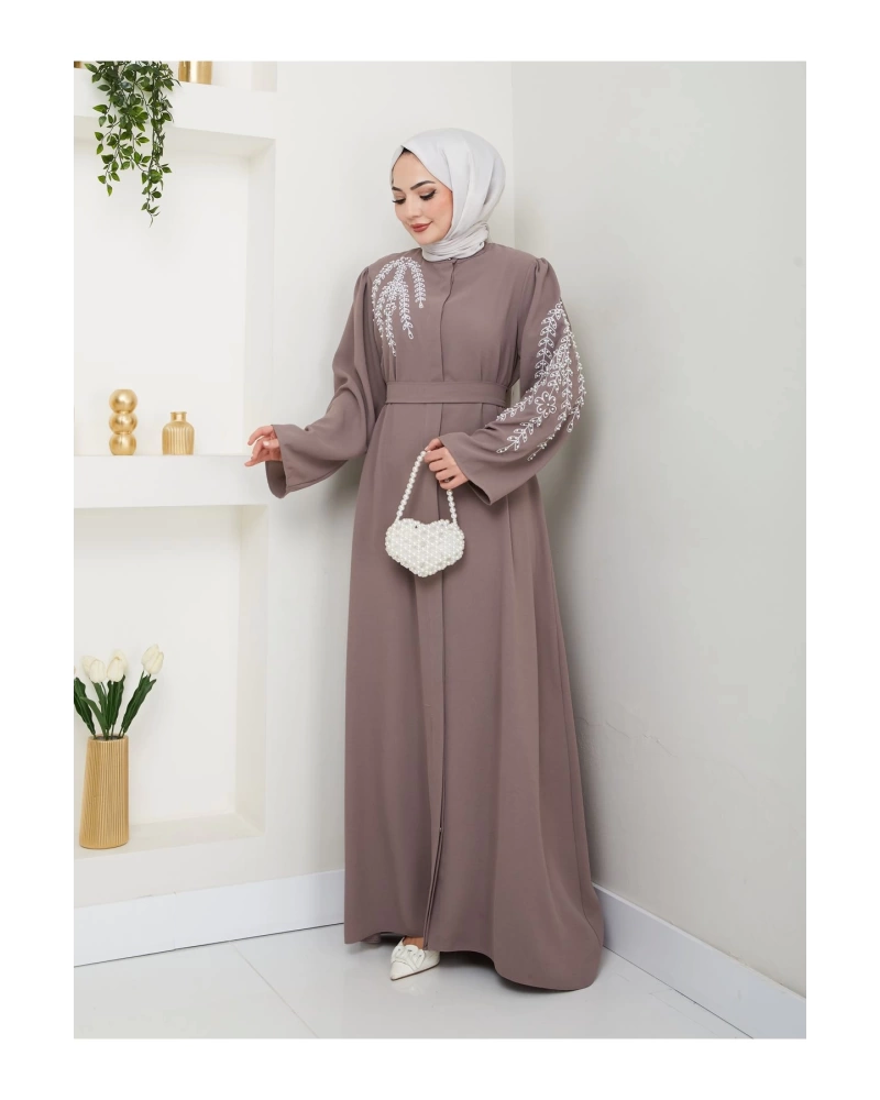 TAŞLİ ABAYA TESETTÜR GIYIM KADIN FERACE ELBISE VİZON