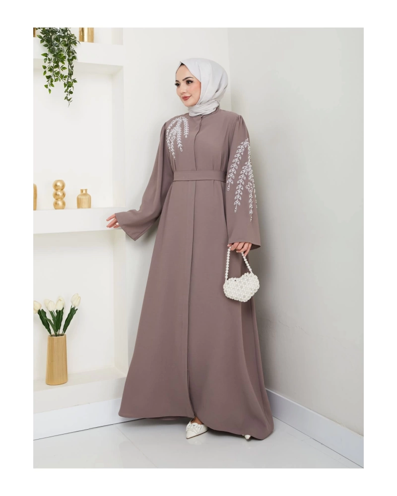 TAŞLİ ABAYA TESETTÜR GIYIM KADIN FERACE ELBISE VİZON