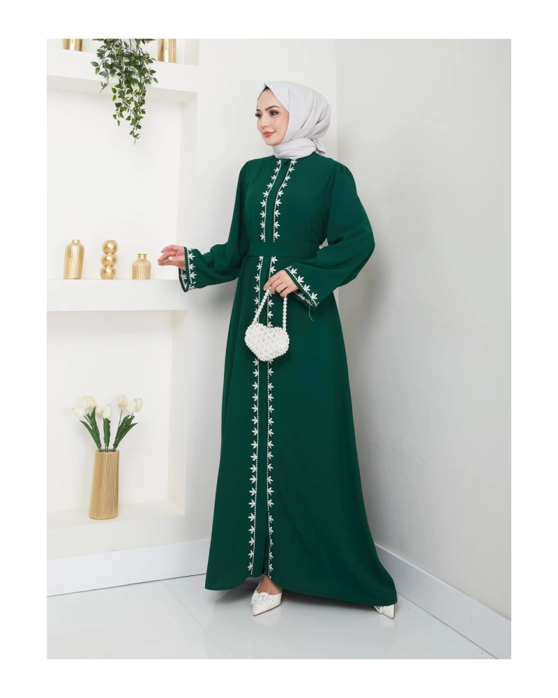 NAKIŞLI ABAYA TESETTÜR GIYIM KADIN FERACE ELBISE ZÜMRÜT